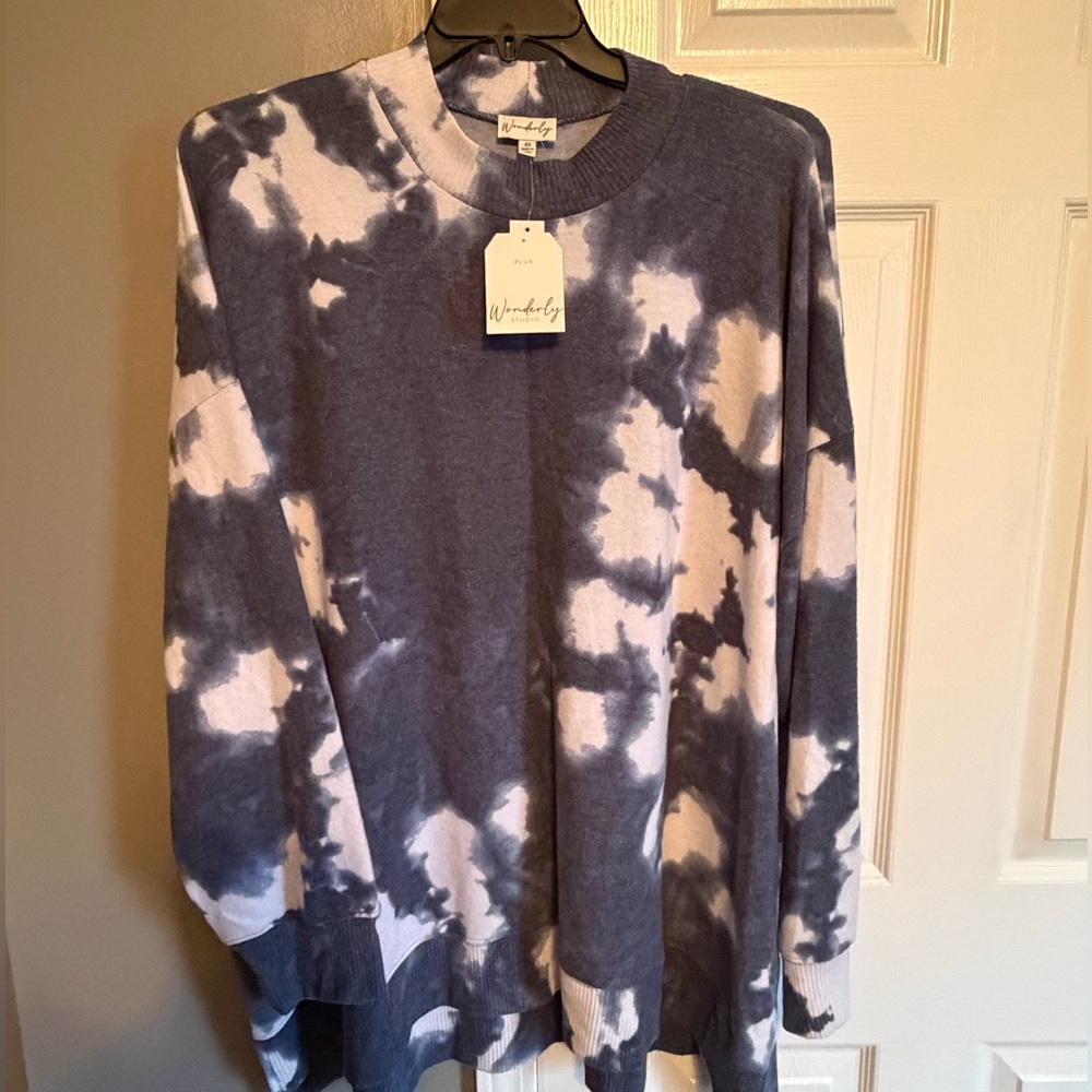 NWT - Wonderly Women's Crewneck Sweater - Blue and White Tie-Dye
